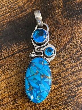 Copper Turquoise Mosaic Stone Pendant with Blue Topaz set in 925 Sterling Silver